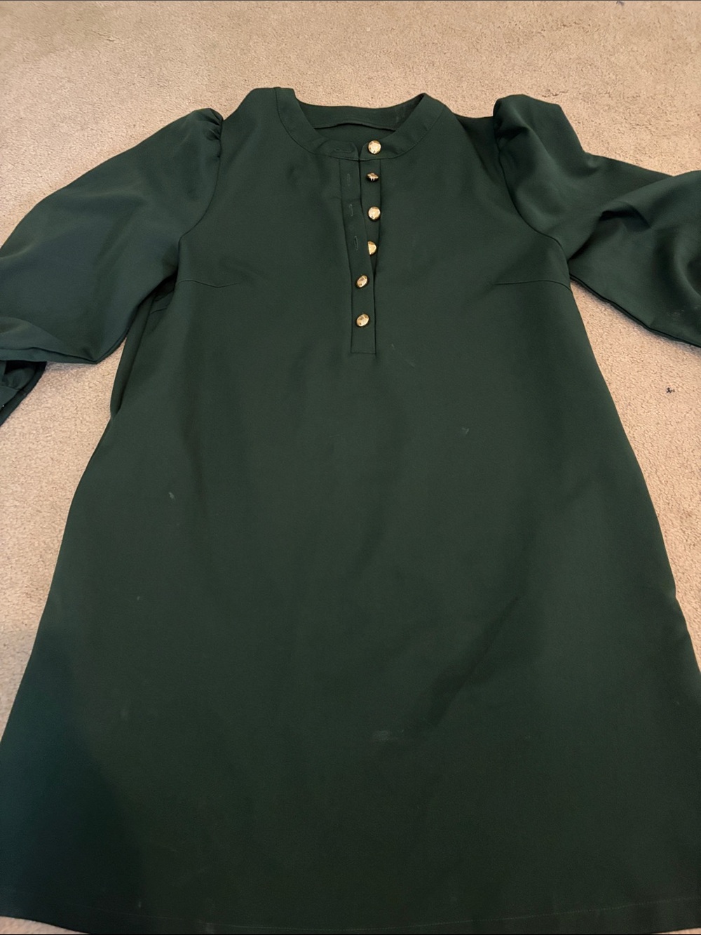 Dark Green Puff-Sleeve Shift Dress with Gold Buttons